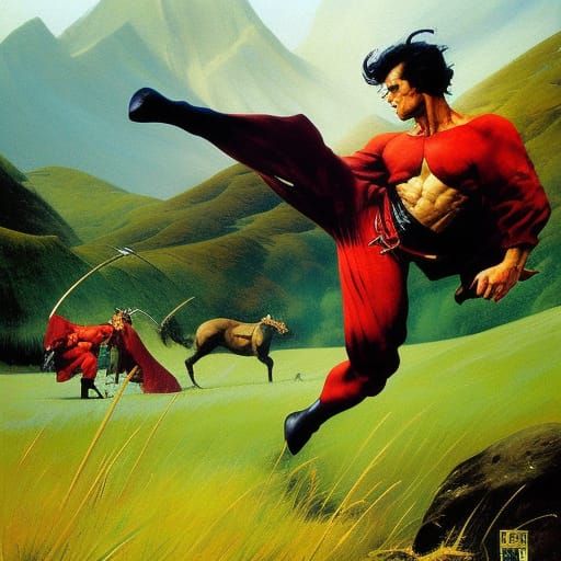 Martial Artist High Kick on Grassland: Comic Book Art