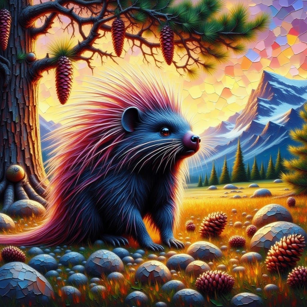 Impasto Fantasy Porcupine in Sunset Landscape