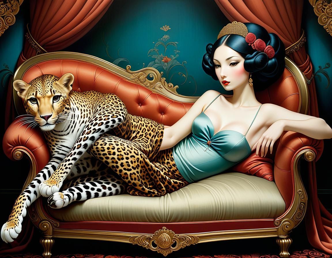 Leopard-Legged Lady in Luxurious Lounge, Storybook Style