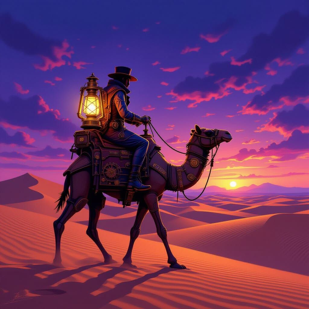 Steampunk Camel Rider in Twilight Desert