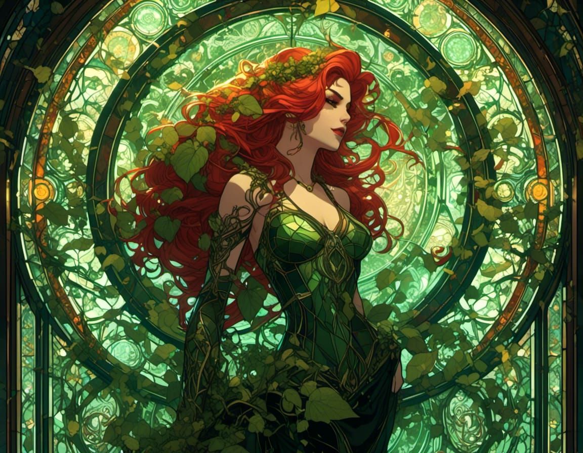 Stained Glass Poison Ivy in Art Nouveau Style