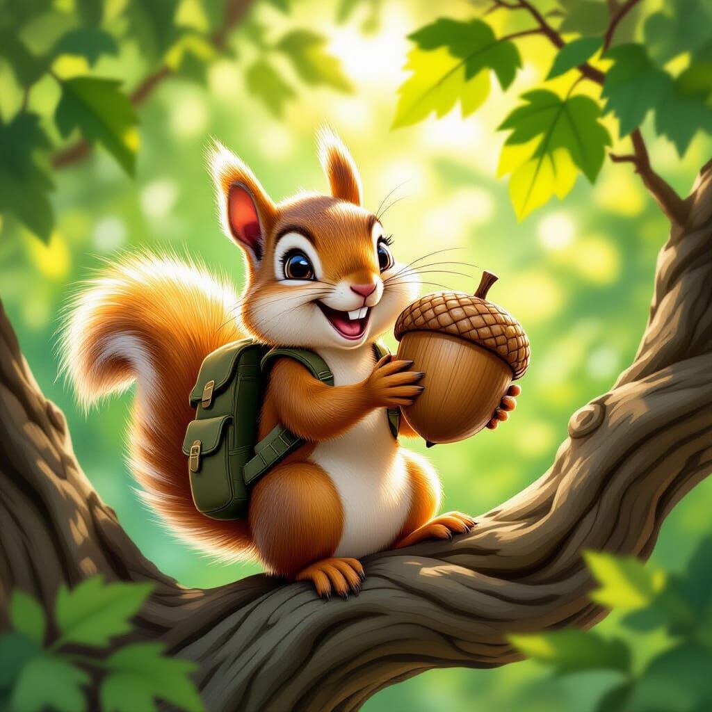 Happy Squirrel with Acorn in Comic Book Style