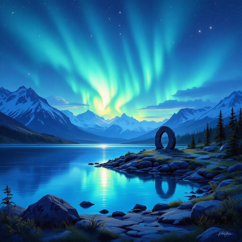 Mountain Aurora Borealis Over Reflecting Lake