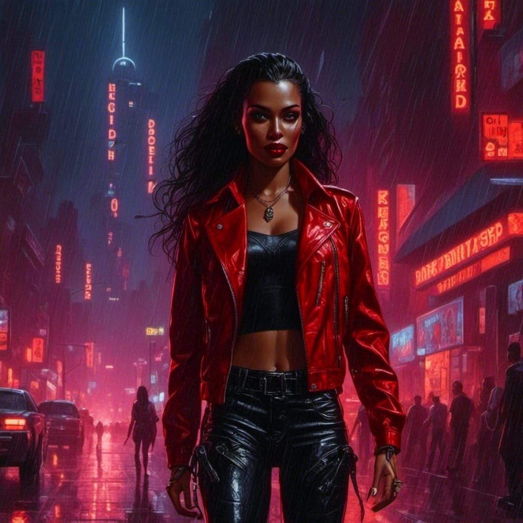 Cyberpunk Woman in Rainy Neon Cityscape