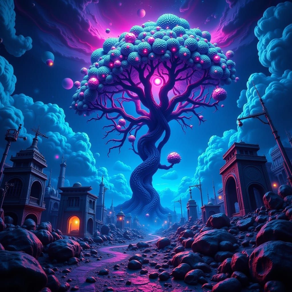 Surreal Dreamscapes with Glowing Tree and Mysterious Orbs