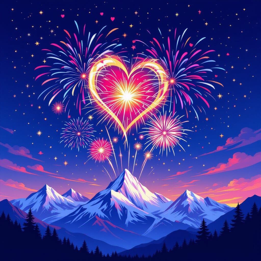 Heart Fireworks Over Snow Mountains in Digital Painting Styl...
