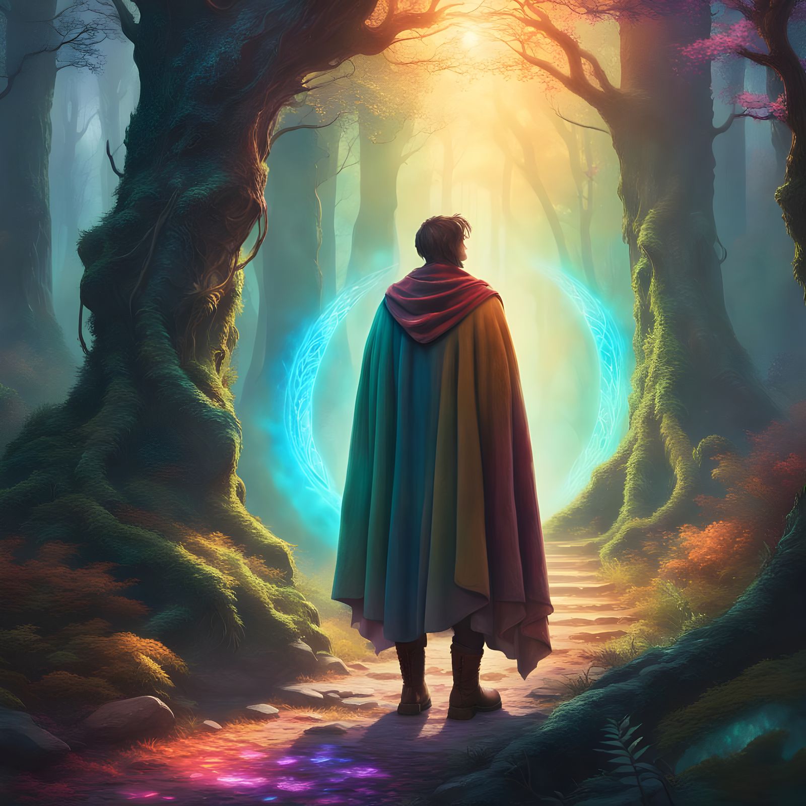 Mystical Traveler Gazing at a Portal: Fantasy Concept Art