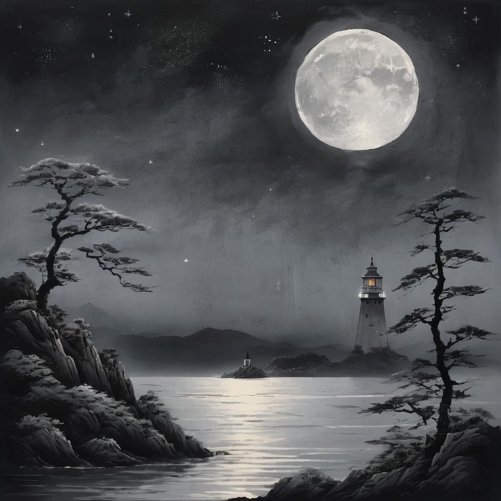 Japanese Lighthouse Under Moonlight in Chalk Style