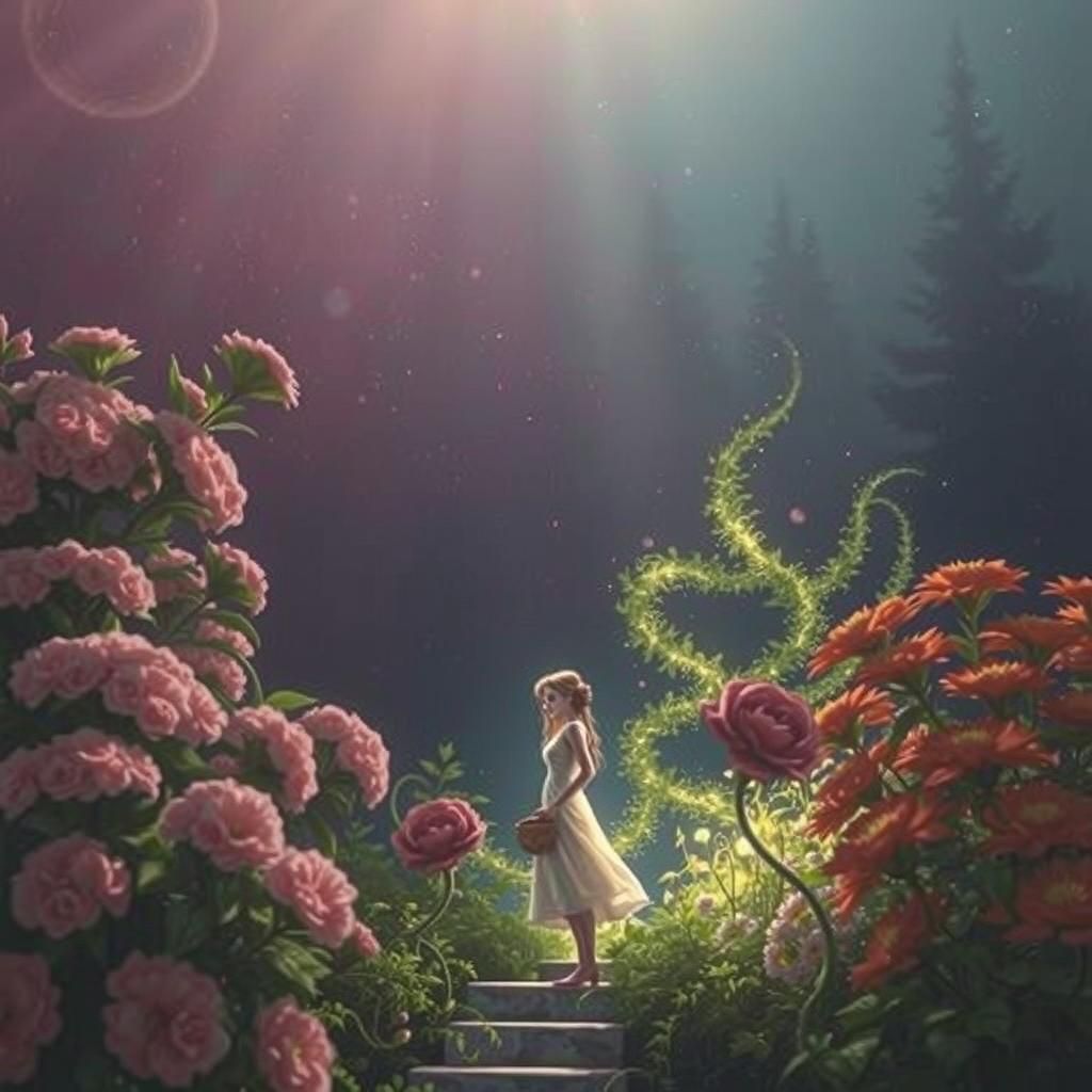 Woman in Forest Portrait with Flowers, Arthur Rackham Style