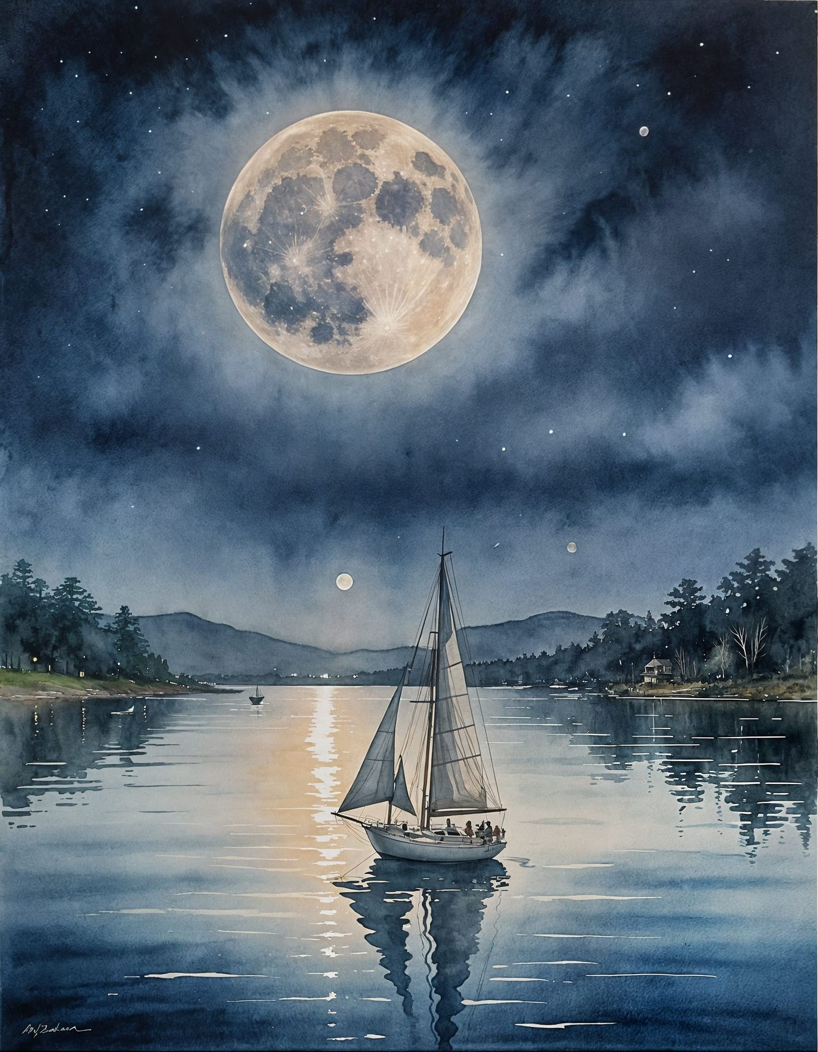 Sailboat Silhouetted Under Full Moon in Watercolor