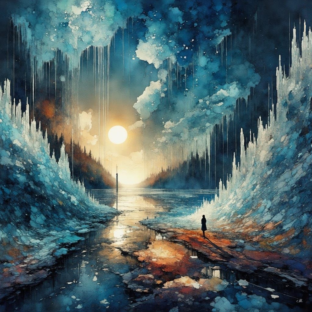 Icy Landscape with Cubist Glaciers in Surrealist Style