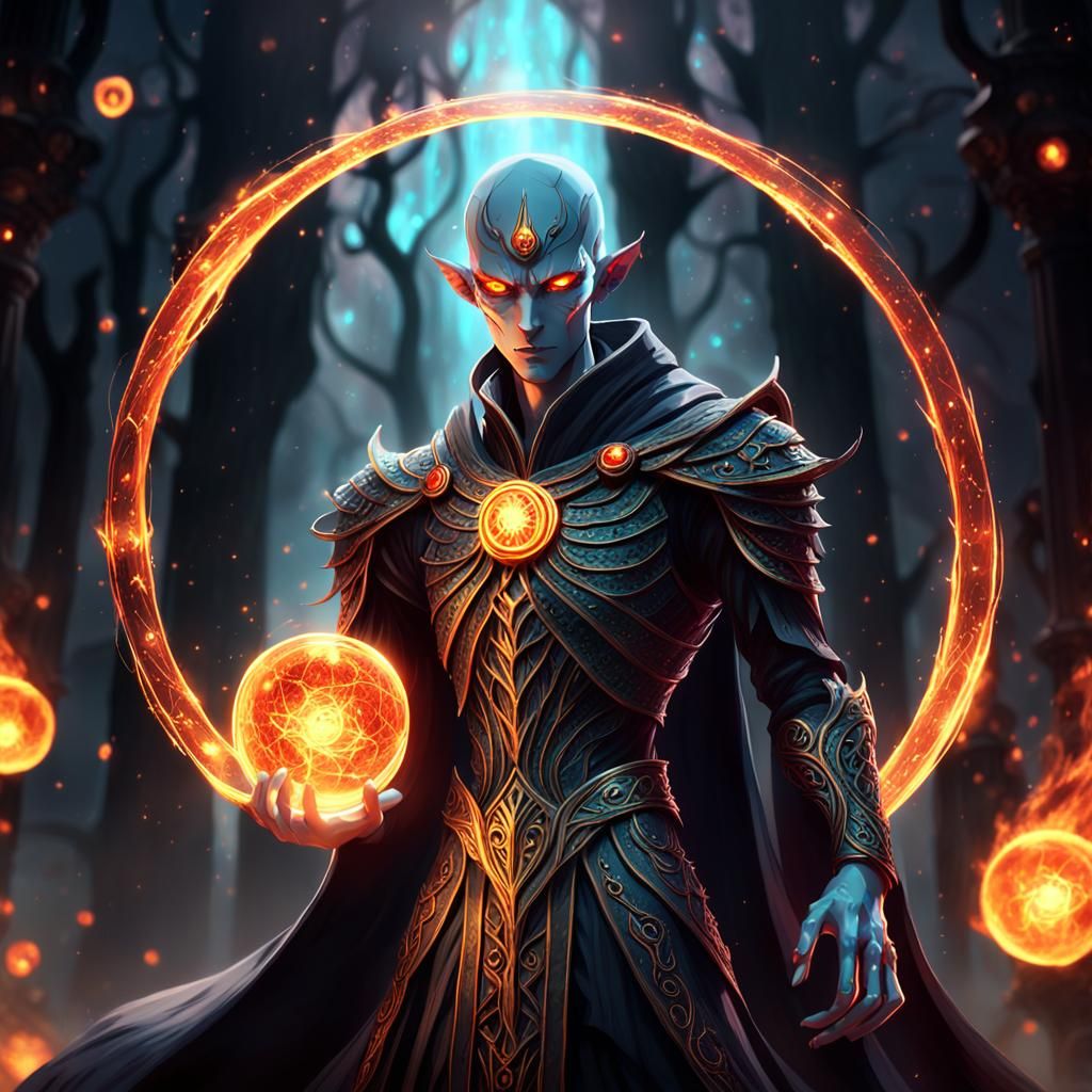 Ethereal Figure with Fireballs in Dark Fantasy Anime Style