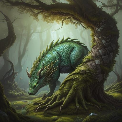 Whimsical Green-Eyed Poileotalus Monster Amidst Twisted Root...