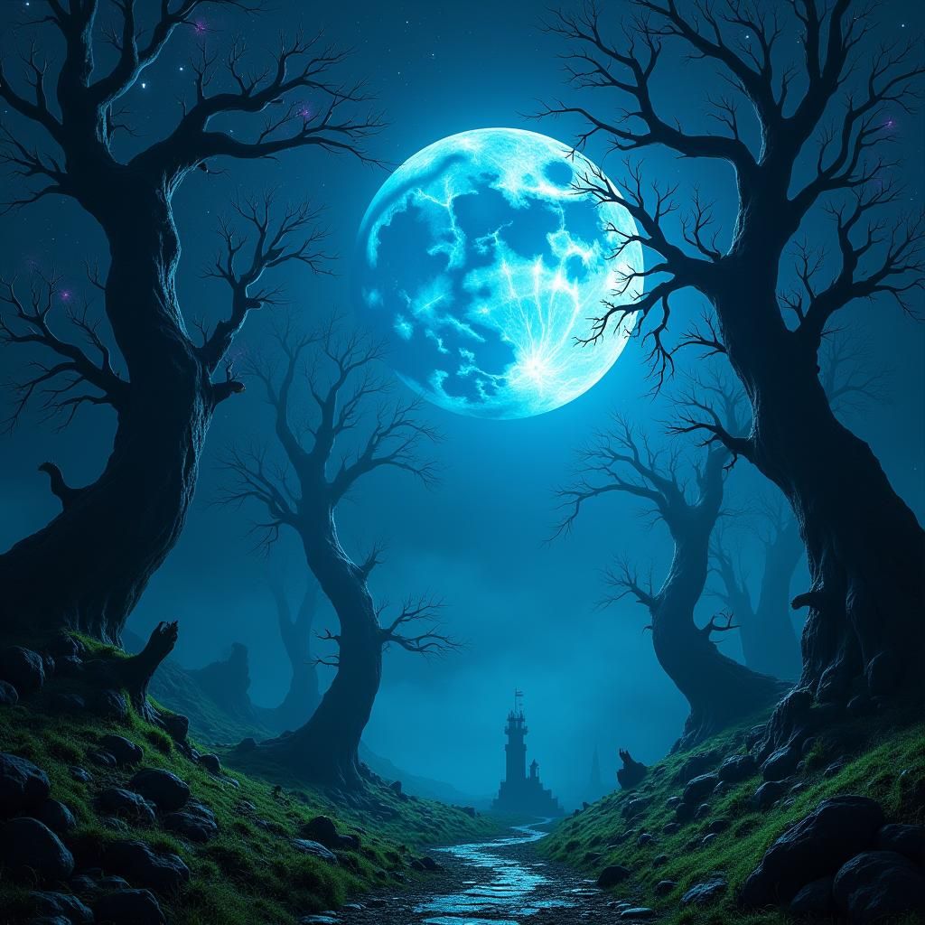 Ethereal Midnight Landscape with Full Moon in Digital Painti...