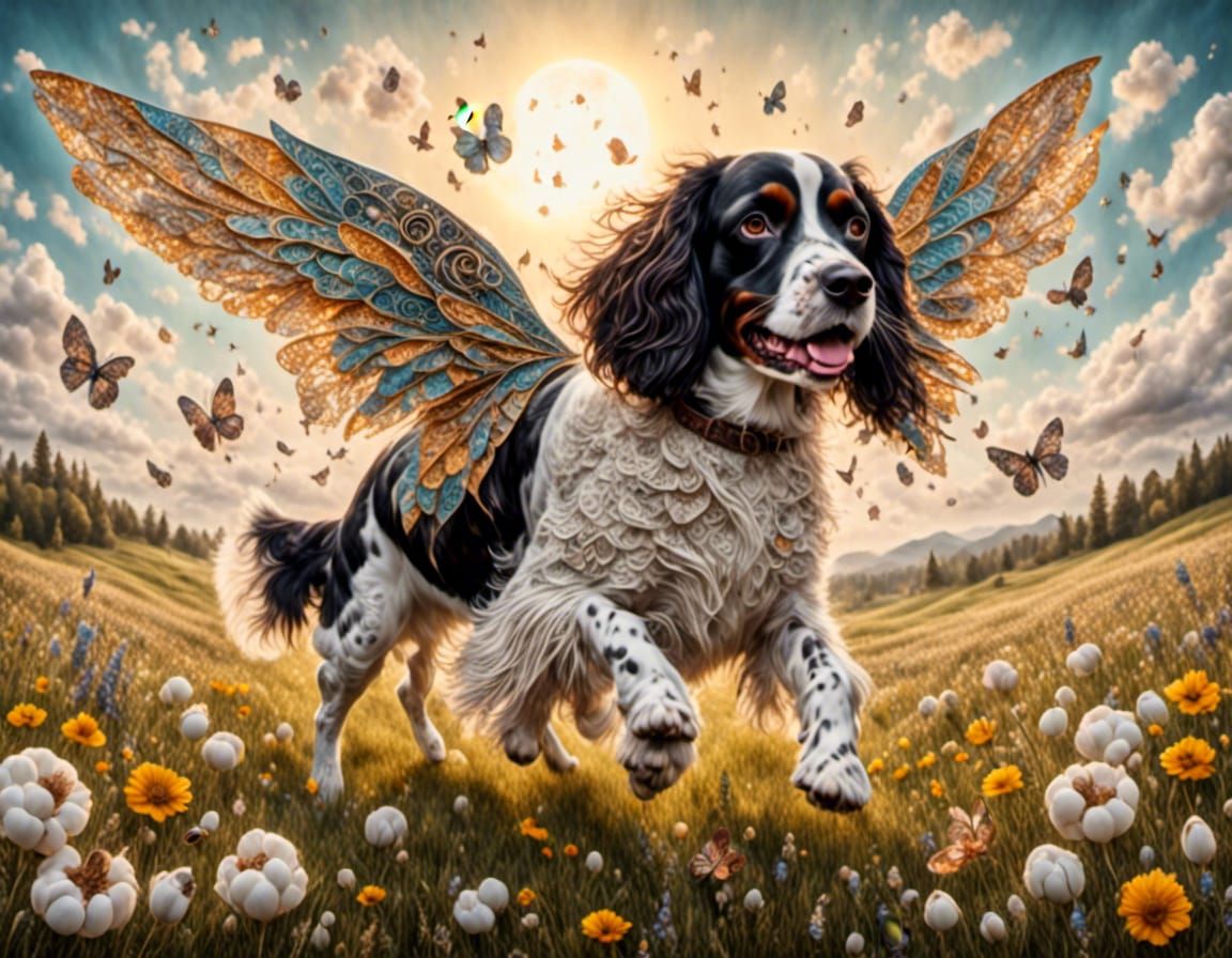 Winged Springer Spaniel in Zentangle Meadow