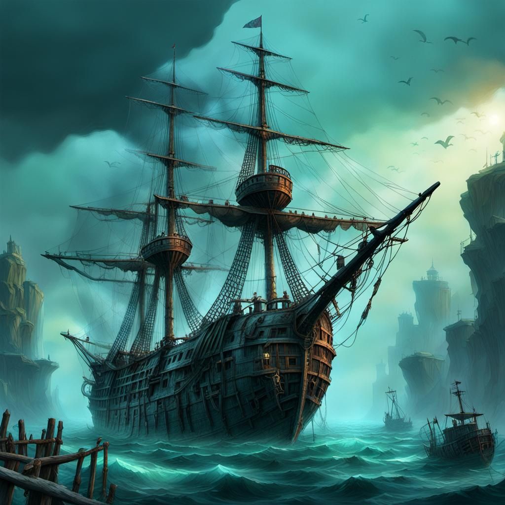 Ghost Ship Anchored Near Skull Island, Fantasy Concept Art