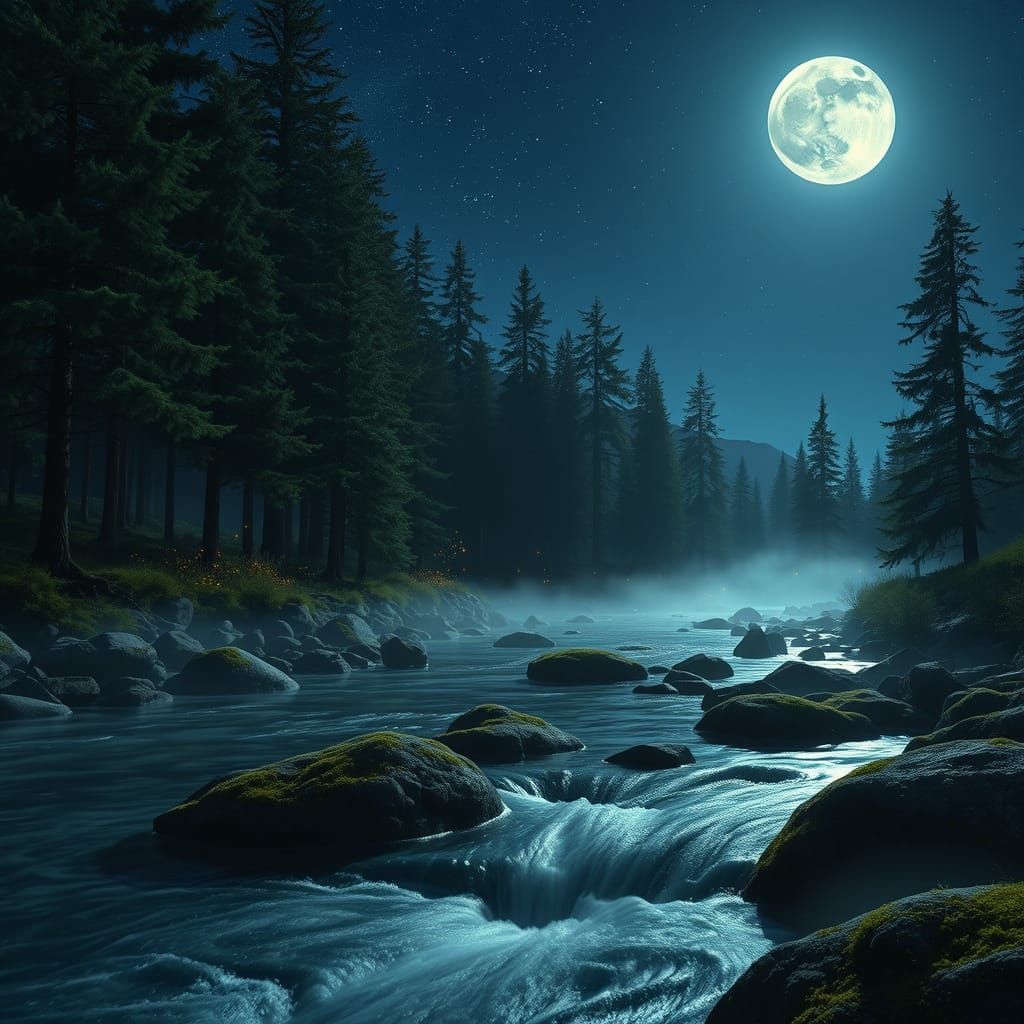 Moonlit Night in Untouched Nature: 3D Render