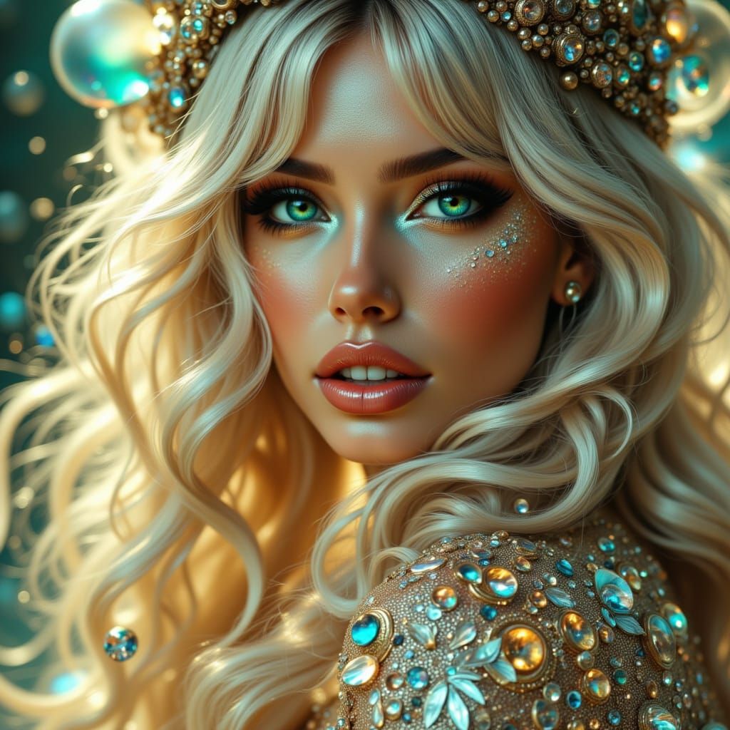 Fantasy Woman in Double Exposure Effect with Gold Makeup