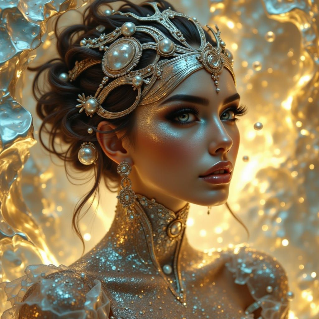 Fantasy Woman in Ornate Attire with Double Exposure Backdrop