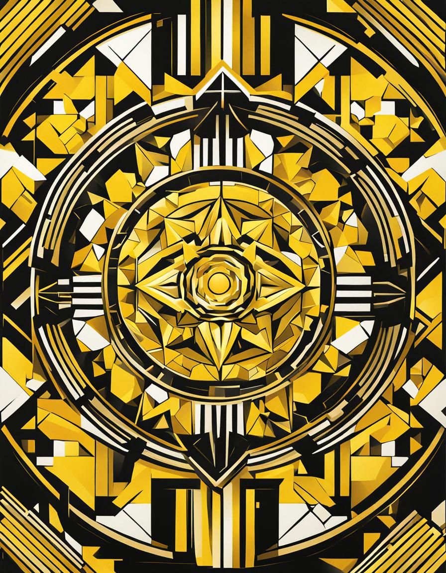 Yellow Geometric Mandala in Cubist Art Deco Style