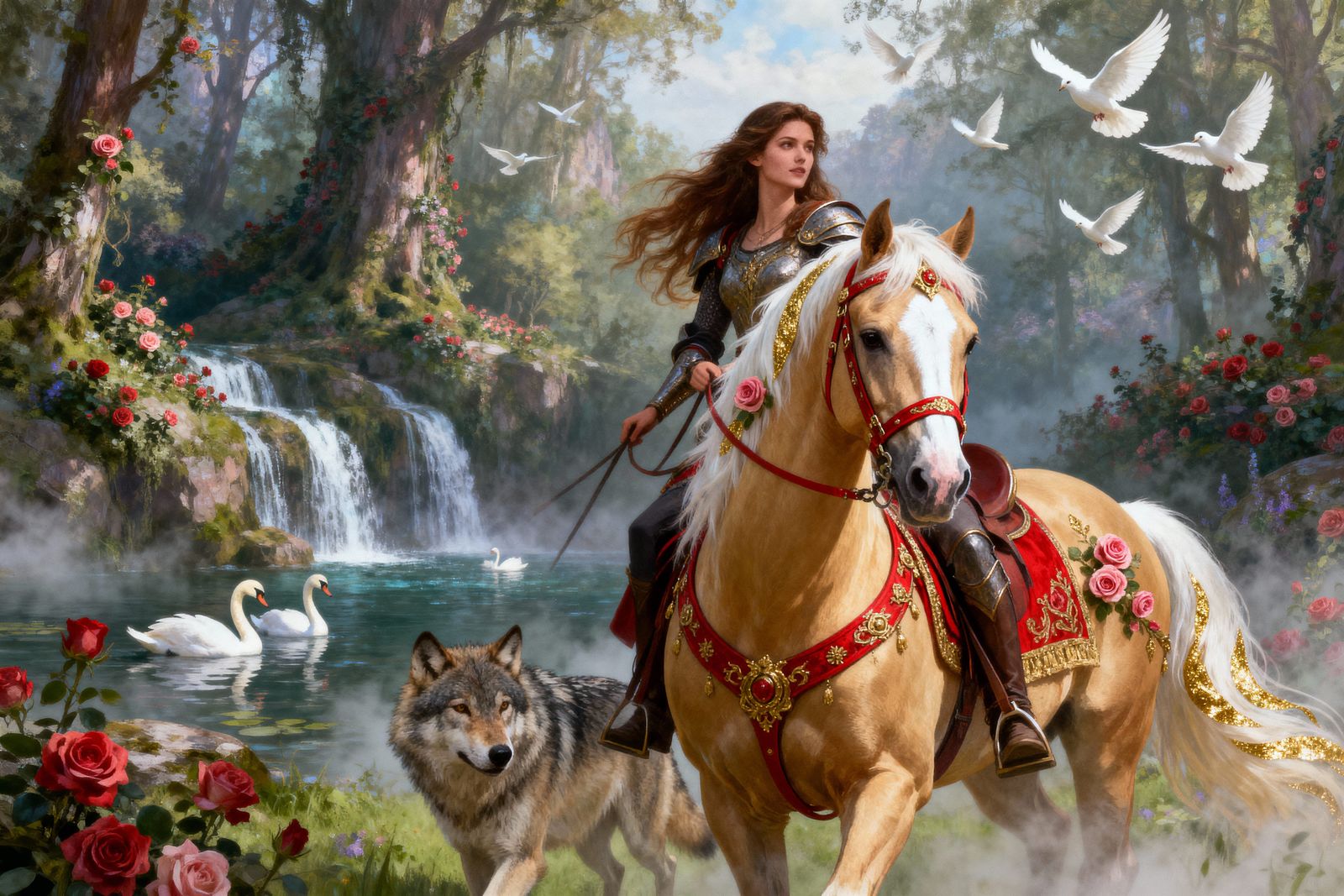 Knight Woman on Palomino Horse in Fantasy Forest