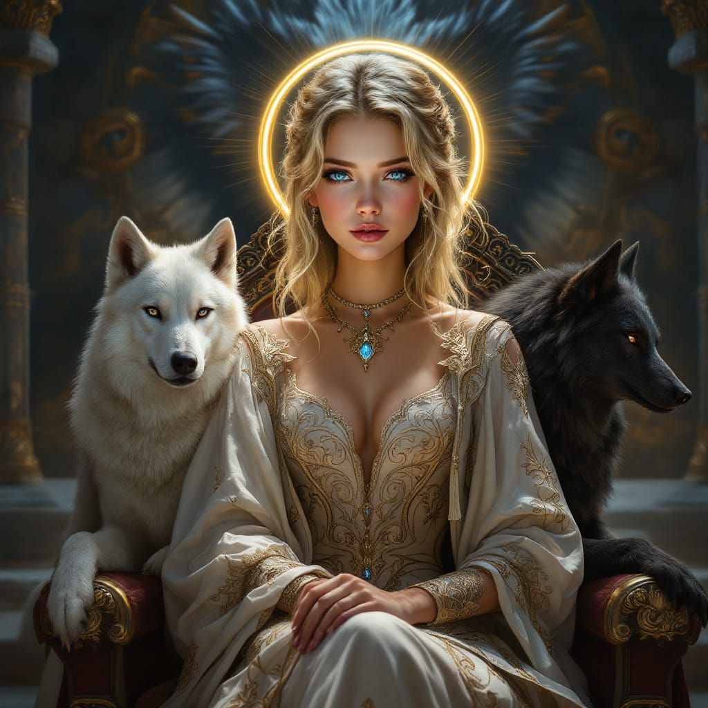 Queen on Throne with Wolves and Dragon Shadow