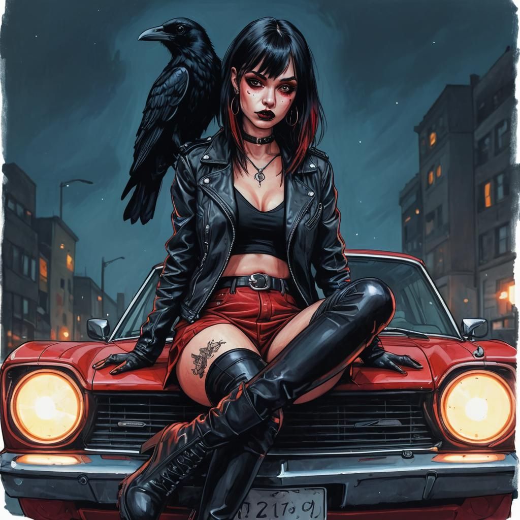 Goth Girl with Raven in Dark Urban Fantasy Style