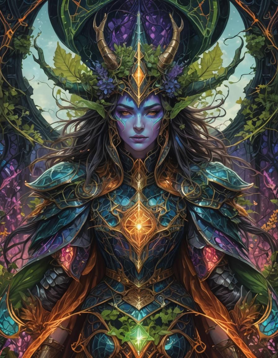 Ethereal Wizardess in Vibrant, Neon Fantasy Landscape