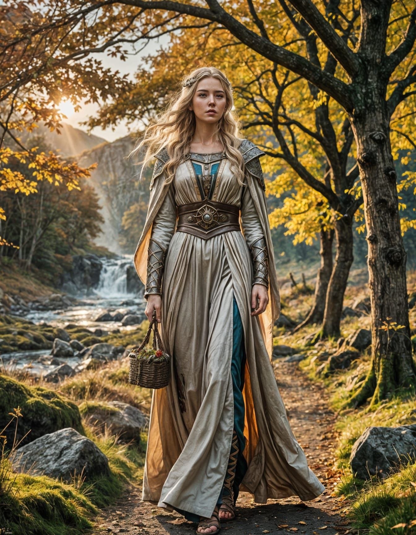 Norse Goddess Walking Through Autumn Landscape