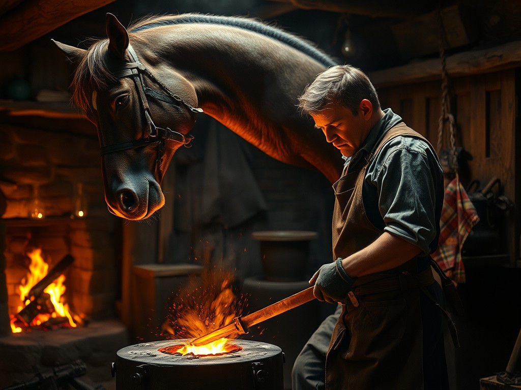 Blacksmith Shoeing Horse in Rustic Forge, Photorealistic 8K