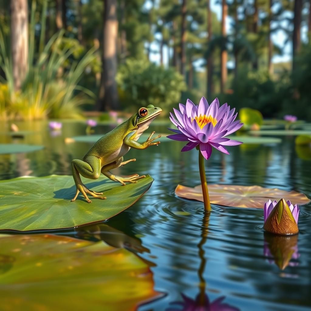Green Tree Frog on Lily Pads in Impressionist Style