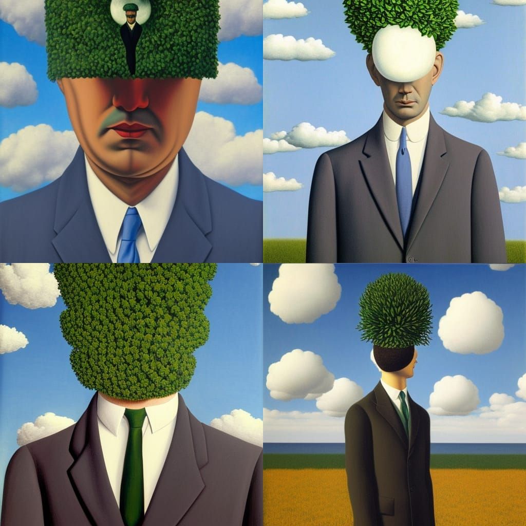 Surreal Flower-Headed Man in Suit, Magritte Style