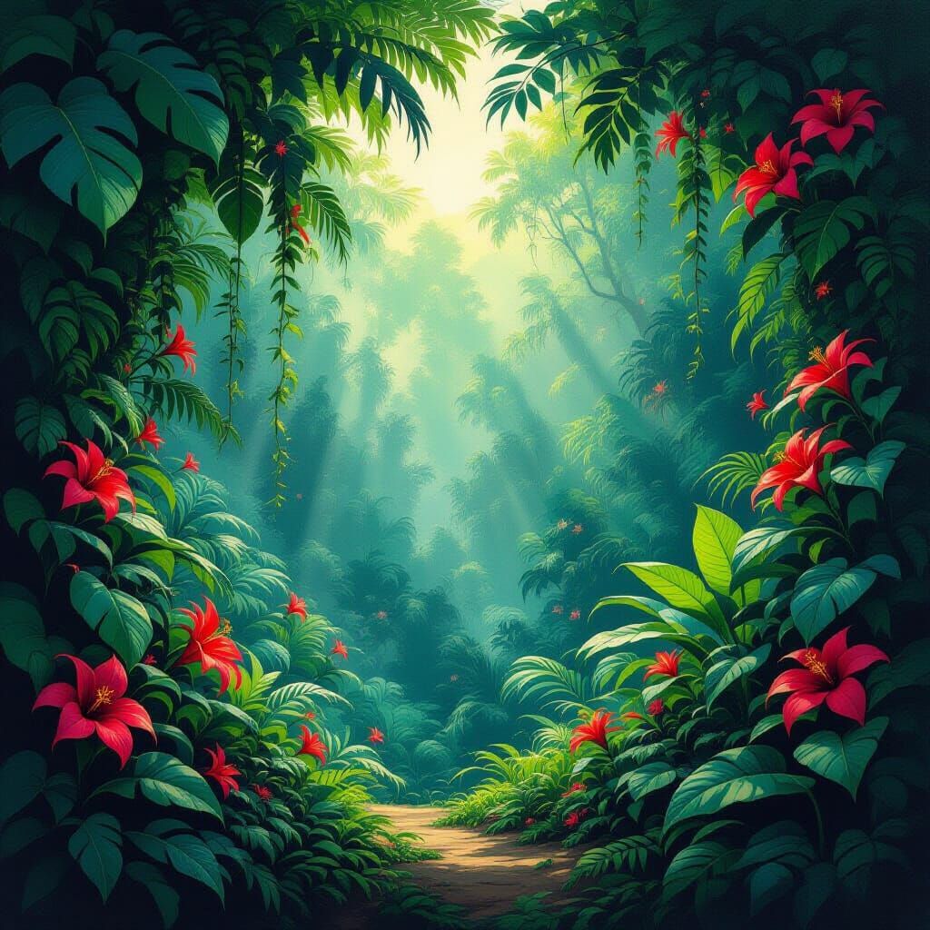 Ancient Jungle Sunlight in James Gurney Style