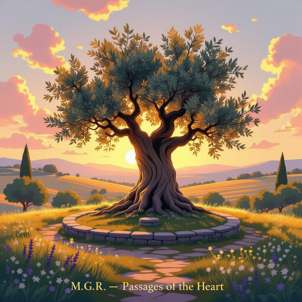 Ghibli-Inspired Olive Grove at Golden Hour