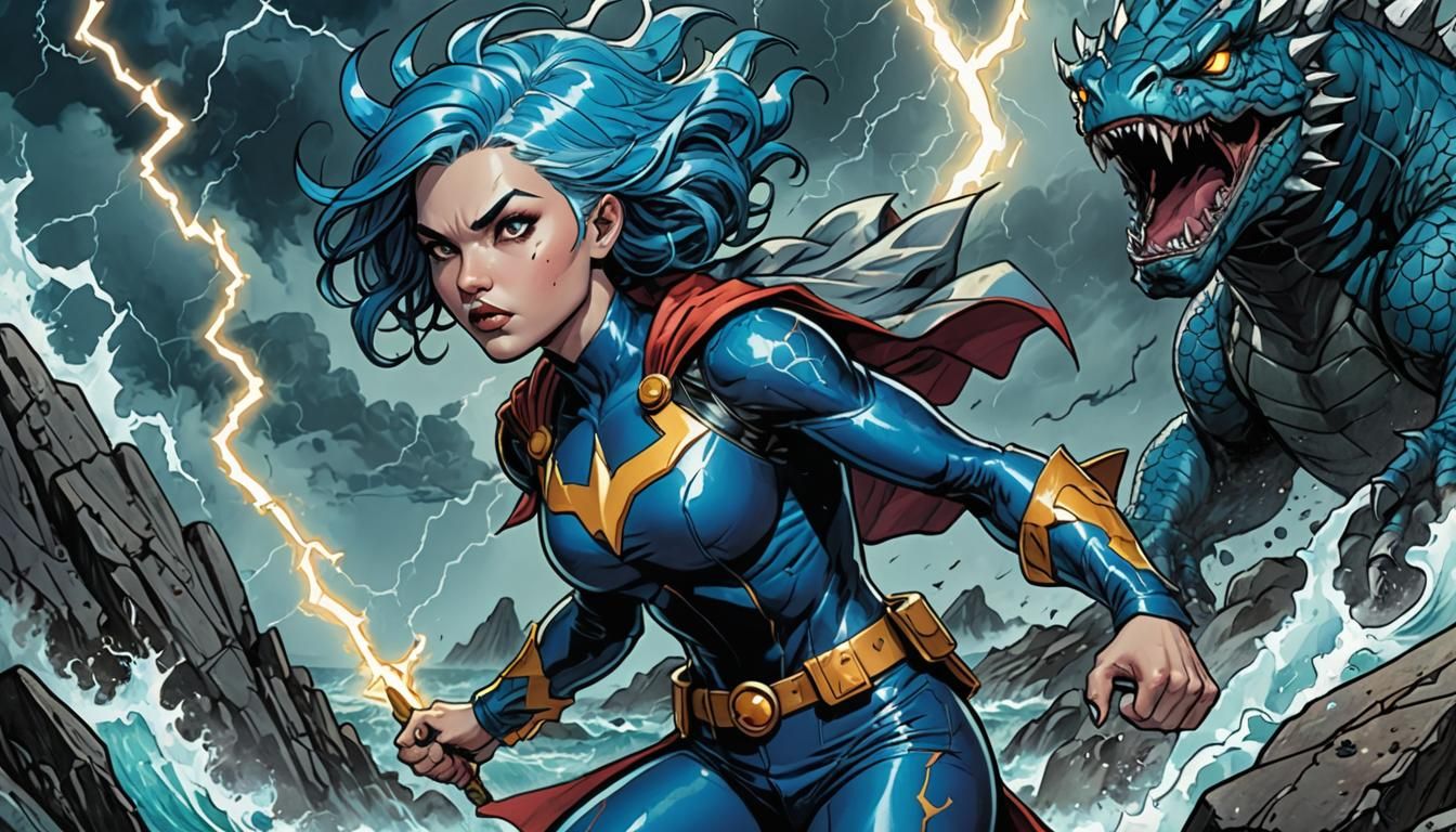 A super hero with dark hair with a cape flying behind her