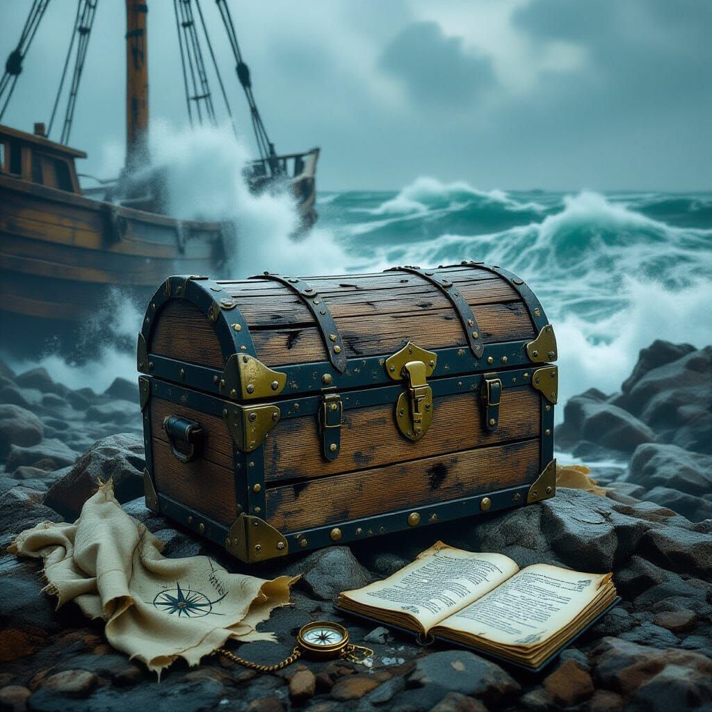 Worn Chest Amidst Shipwreck Debris