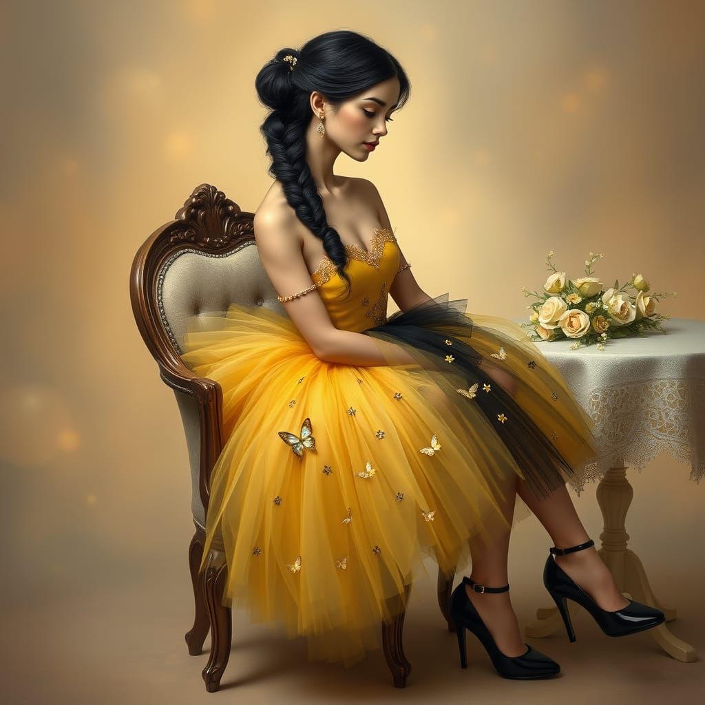 Elegant Woman in Yellow Tutu with Black Hair in Braided Bun
