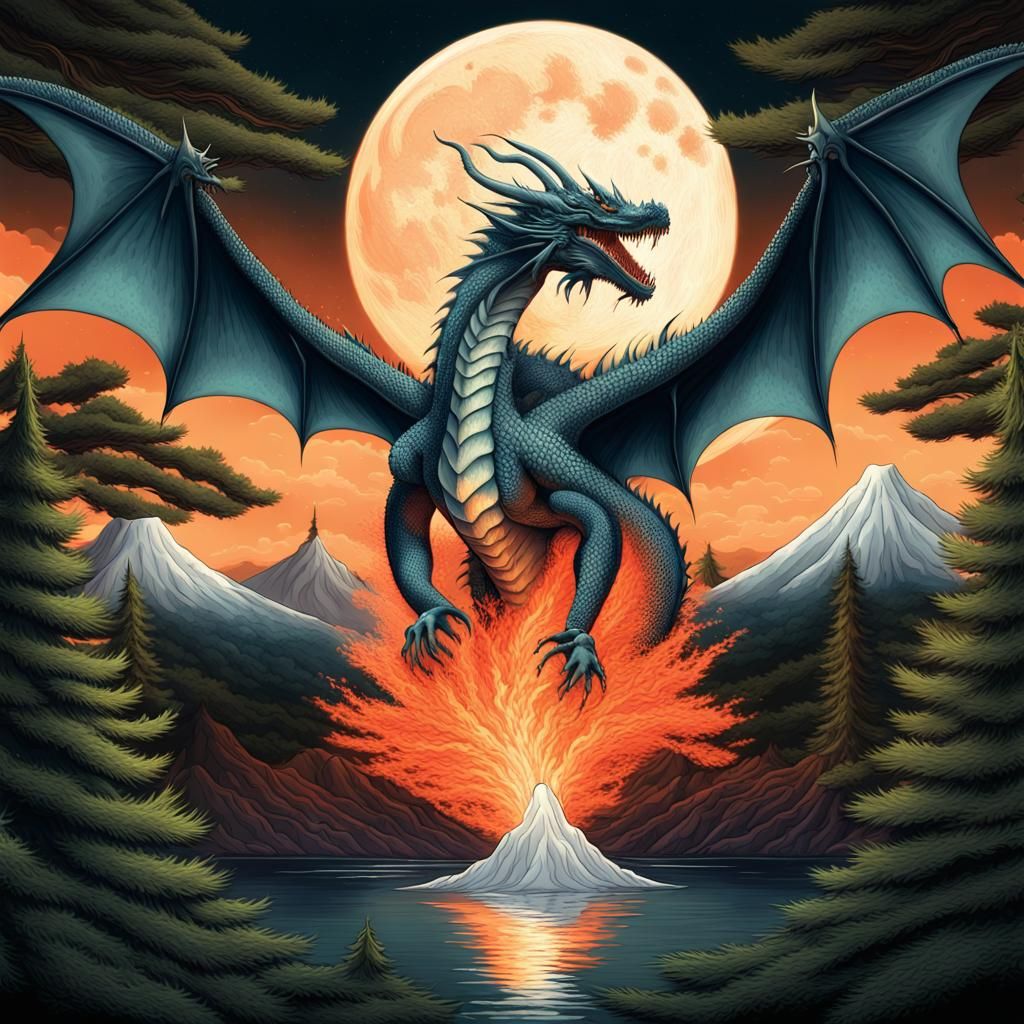 Mystical Dragon over Volcano: Surreal Digital Art