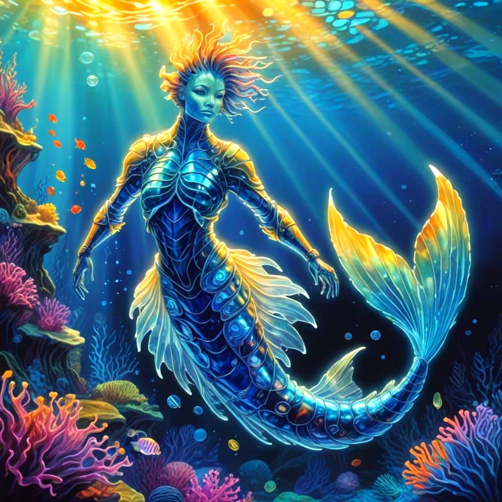 Mysterious Sea Folk in Dazzling Stained Glass Style