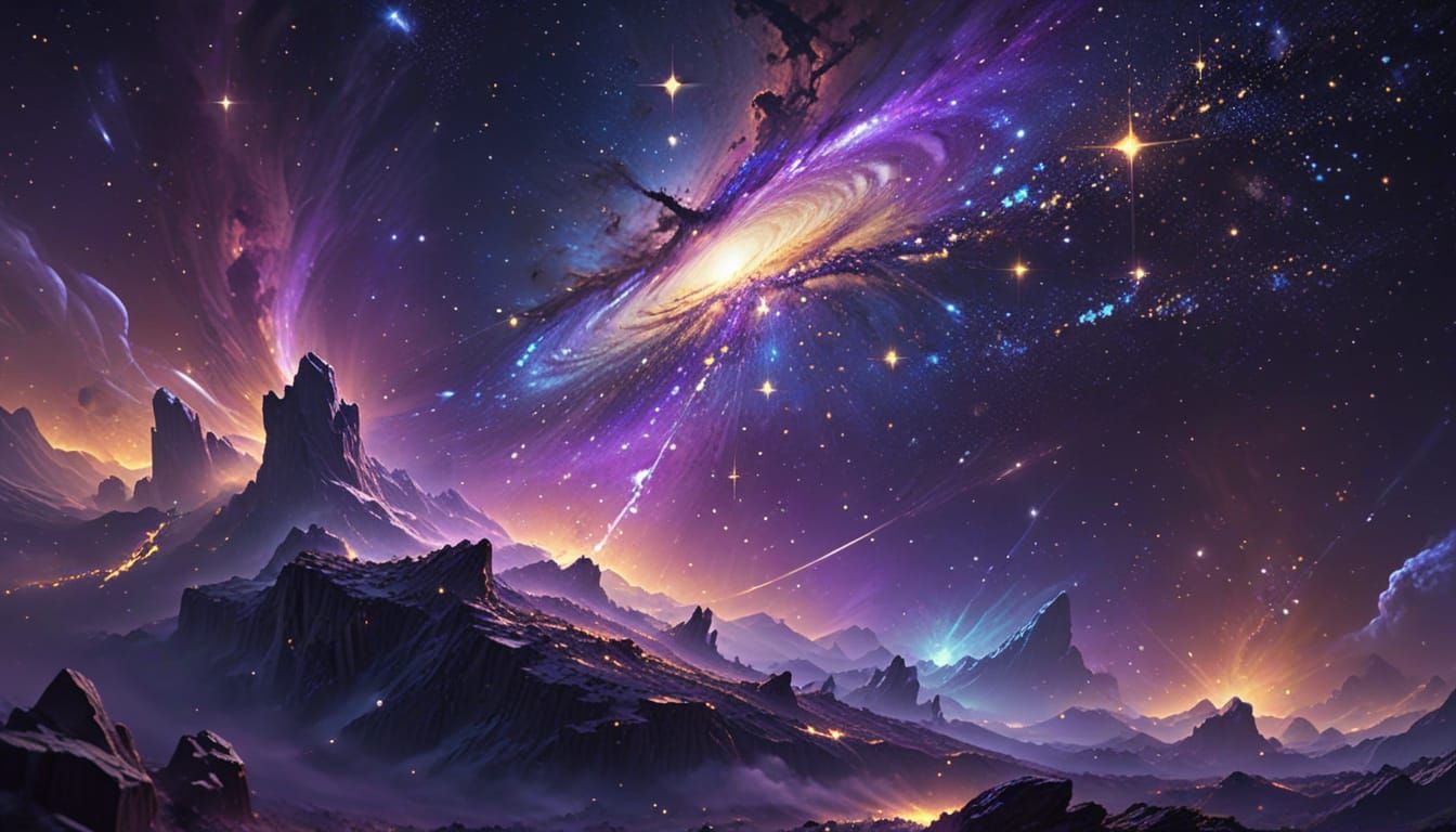 Galaxies Dance in Violet and Gold Concept Art