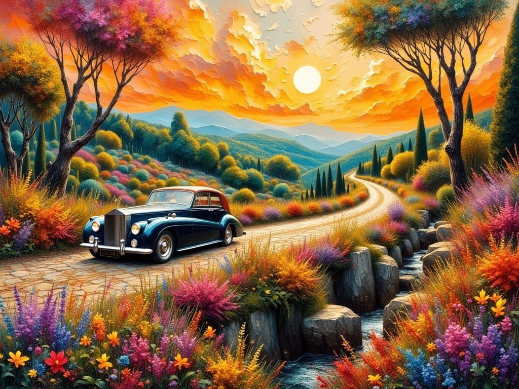 Steampunk Rolls Royce in Tuscany as Impasto Painting