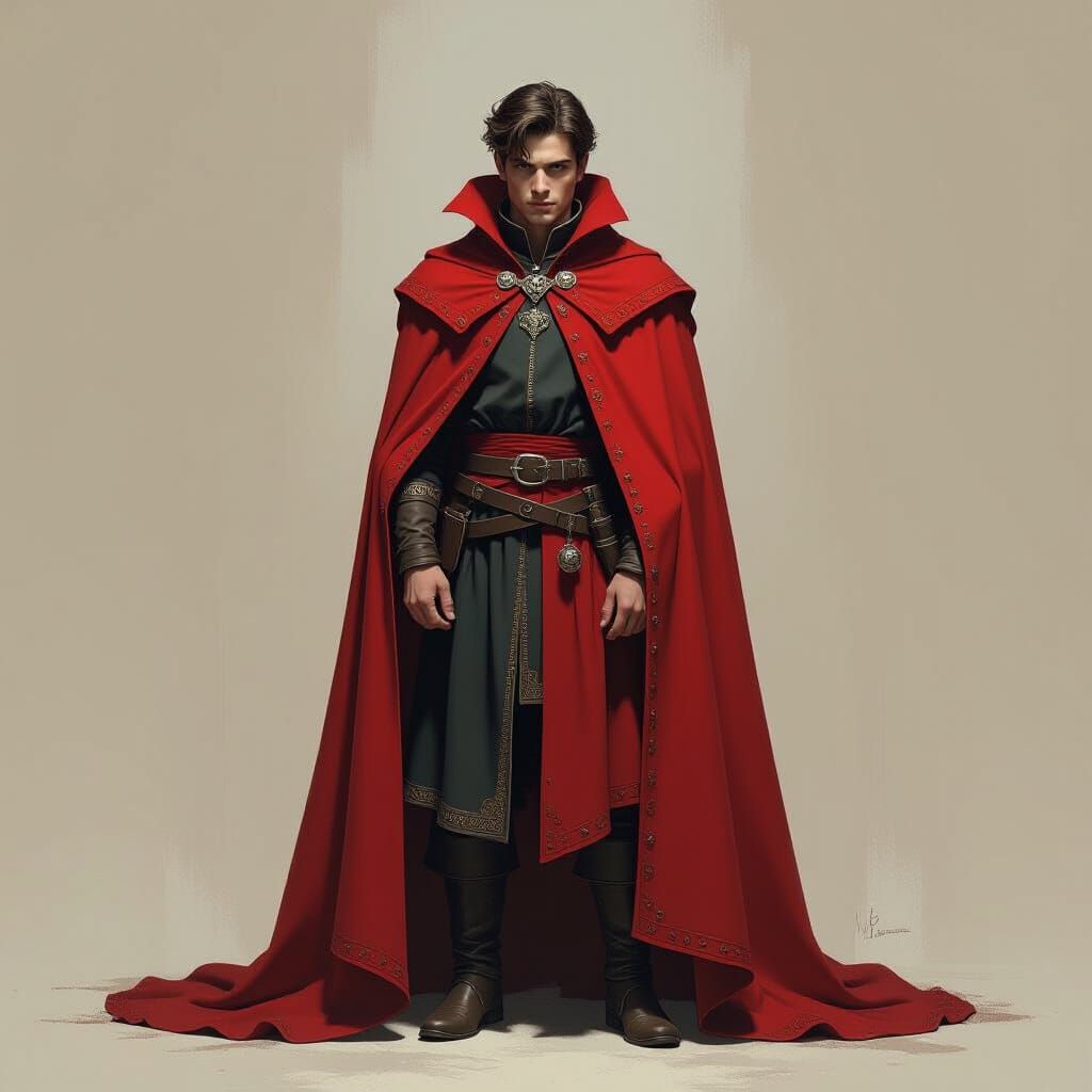 Medieval Man in Red Cloak of Dark Fantasy