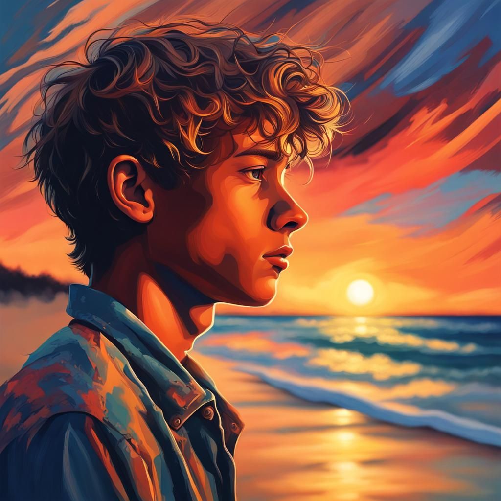 Boy on Beach at Sunset in Hyperrealistic Style