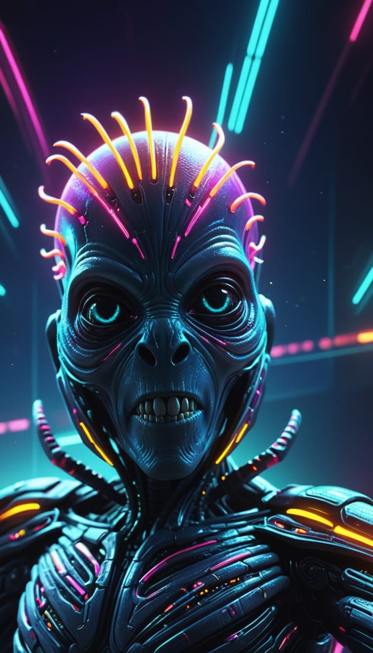Dancing Alien in Vibrant Neon Digital Art