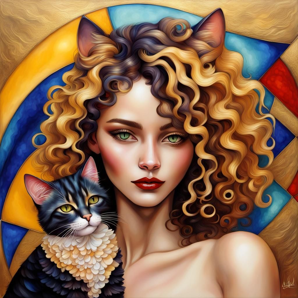 Woman and Cat with Art Deco and Alcohol Ink