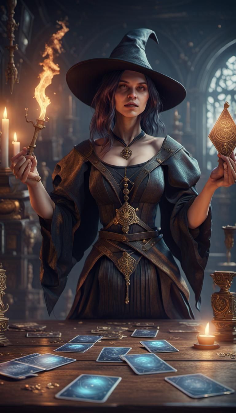 Mystical Witch with Tarot Cards in 3D Cinematic Style
