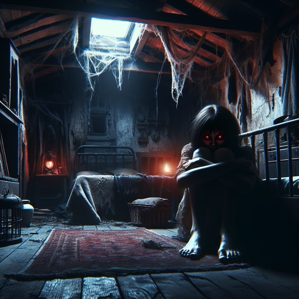 Eerie Woman in Dilapidated Room at Night