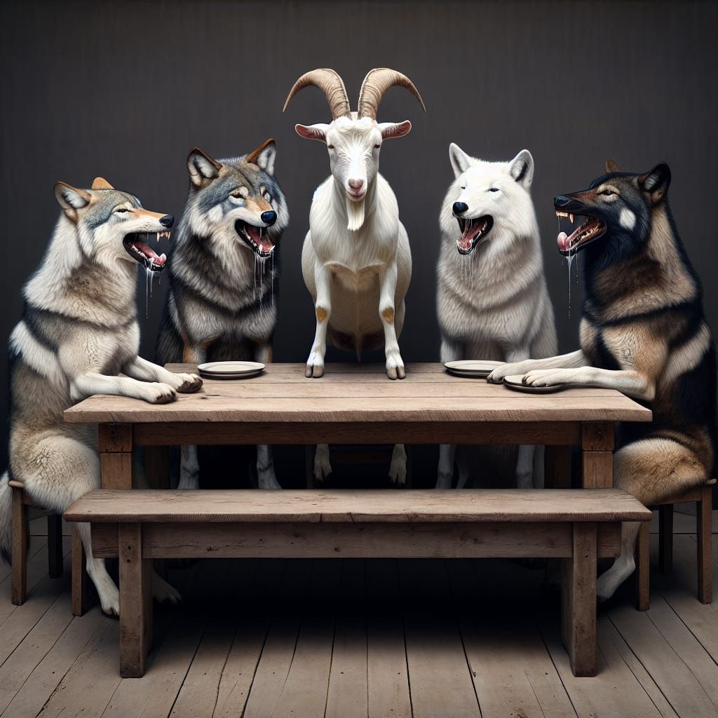 Humorous Scene: Wolves and Goat Voting on Dinner