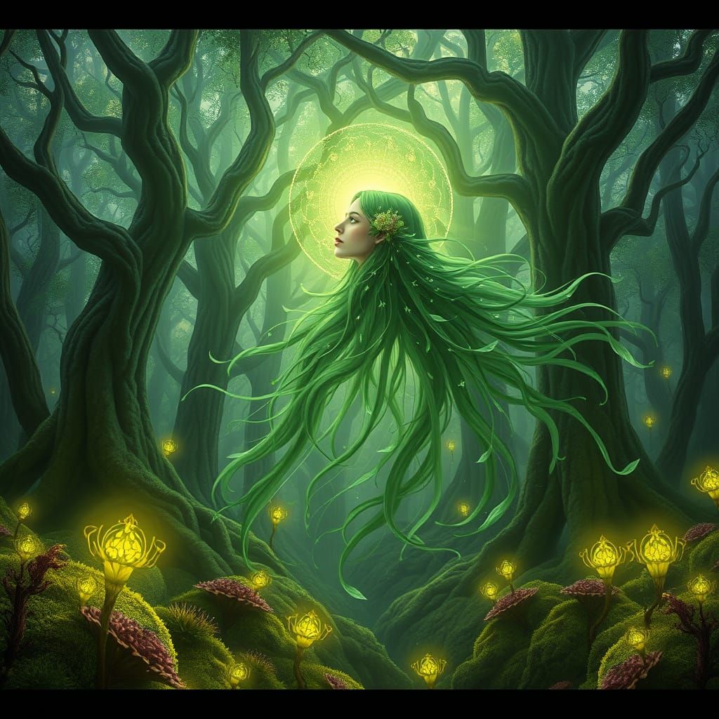 Ethereal Emerald Sorceress in Dreamlike Forest, Art Nouveau