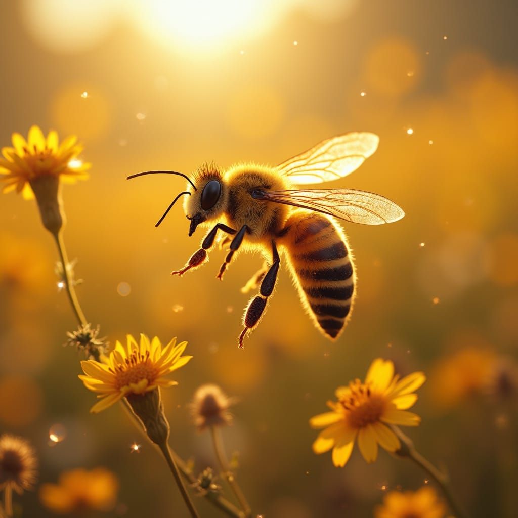 Golden Hour Honey Bee in Mid-Air with Rainbow Patterns